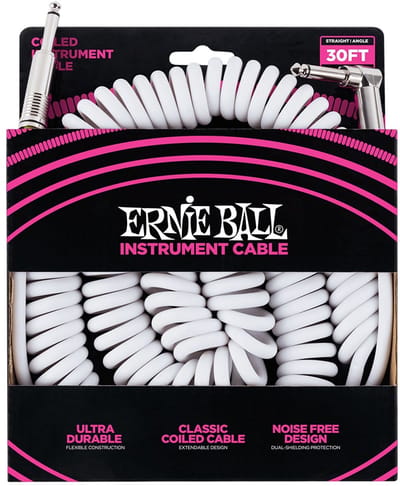 Ernie Ball 6045 gekrulde instrumenten kabel 9 m wit 1x haaks, 1x recht jack 6,35 mm