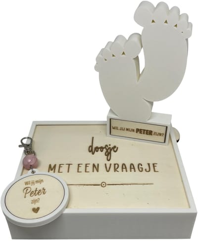 Geschenkbox Wil jij mijn PETER zijn? | roze | 3D | sleutelhanger | voetjes | peter vragen | peter worden | peetoom vragen | peetoom worden | cadeau | doosje met een vraag