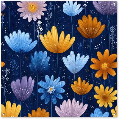 Tuinposter 100x100 cm - Tuindecoratie Bloemen - Patroon - Blauw - Contrast - Poster voor in de tuin - Buiten decoratie - Schutting tuinschilderij - Tuindoek muurdecoratie - Wanddecoratie balkondoek