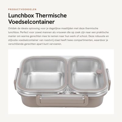 Dailygoods- Lunchbox 1,2L Thermische Voedselcontainer - Roestvrij Staal - Lekvrij - Draagbaar - 2 Compartimenten - Voor Warm Eten