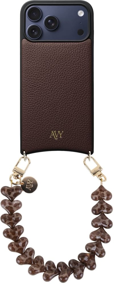 AVY Leren Hoesje Geschikt voor Apple iPhone 17 Pro Max | Compatibel met MagSafe | Leather Case met Telefoonkoord | Polsband | Chocolate | Cupid Leopard