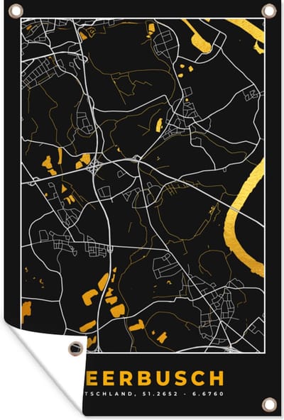 Muurdecoratie Stadskaart – Plattegrond – Duitsland – Goud – Meerbusch – Kaart - 120x180 cm - Tuinposter - Tuindoek
