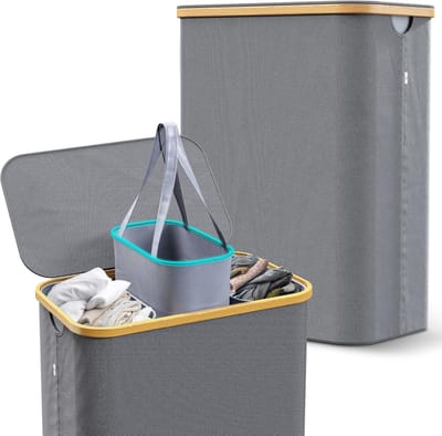 Wasmand met drie vakken - Kleding sorter Was scheider - Kleding sorteren - Afneembare waszakken - 160 liter - Grijs