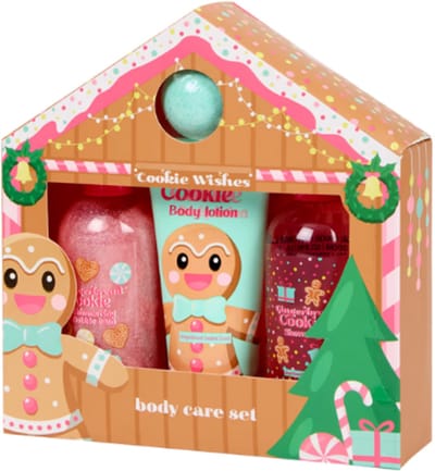 Kerst Beauty Geschenkset - Cookie Wishes Body Care Set | Bubbelbad - Bodylotion - Douchegel - Badbom | Lebkuchen - Gingerbread - Gemberkoekjes Geschenkset - Cadeauverpakking - Kerstcadeau