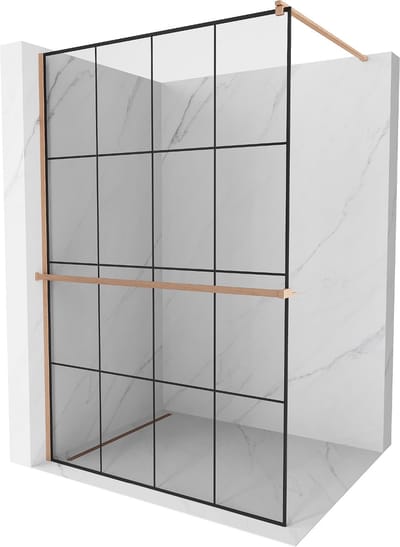 Mexen Kioto+ douchewand met plank Walk-in 130 x 200 , zwart raster, geborsteld koper - 800-130-121-65-77