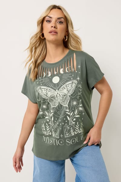 Yours Kaki Groene Tshirt Met Lasergesneden Slogan 'Mystic Soul' Size 42