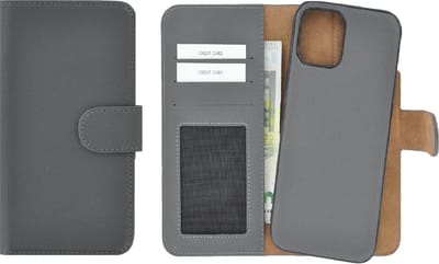Geschikt voor iPhone 12 hoesje - Wallet case - Portemonnee Hoes 2in1 Uitneembaar Echt leer Book case Grijs