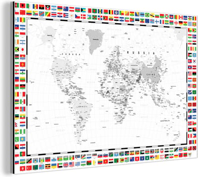 Aluminium schilderij 180x120 cm - Wanddecoratie metaal - Wereldkaart - Zwart - Wit - Vlag - Metalen muurdecoratie woonkamer - Decoratie industrieel - Foto op dibond - Industriële accessoires slaapkamer