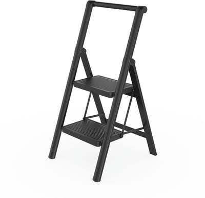 Huishoudtrap 2 treden - Opvouwbare trap van metaal - Antislip, stabiel en belastbaar tot 250 kg - Trap Ladder met Leuning - Trapladder voor huis, balkon , garage