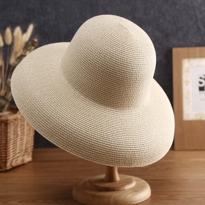 Chapeau de paille pour femme, chapeau d'été à large bord, chapeau de protection solaire français, chapeau de pêcheur de plage, chapeau de protection solaire pliable pour enfants M（56-58cm） white
