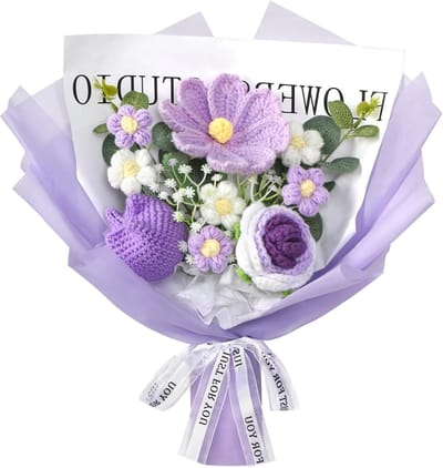 Gehaakt Bloemen Boeket - Gebreid Boeket Kunstbloemen - Woningdecoratie - Handgemaakt met Garen - 1 Boeket - Paars