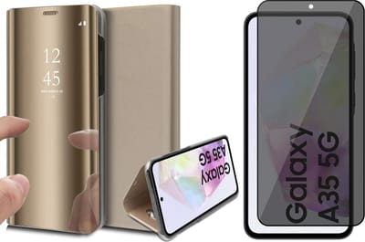 Hoesje geschikt voor Samsung Galaxy A35 - Privacy Screenprotector Volledig Dekkend Glas - Spiegel Book Case Goud
