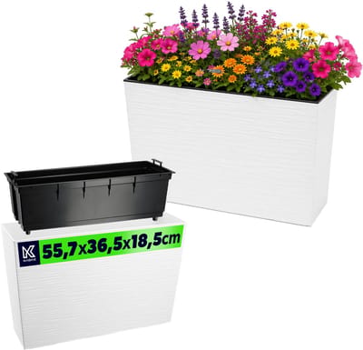 KADAX Bloembak van kunststof, 18,5 x 55,7 cm, 5 kleuren, bloempot met irrigatiebanden, balkonbak met inzetstuk, plantenbak voor buiten, bloembak (rechthoekig, ruitpatroon, wit)