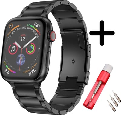 Strap-it Luxe Apple Watch bandje - Staal Titanium RVS stainless steel - geschikt voor iWatch serie bandjes 1/2/3/4/5/6/8/9/10/11/SE(2-3)/Ultra(2-3) met maat: 44mm / 45mm / 46mm / 49mm - vlinder sluiting - incl. schakel inkorter - Zwart