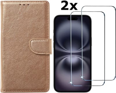 Hoesje Geschikt voor iPhone 16 Plus hoesje bookcase met 2 stuks screenprotectors – Goud