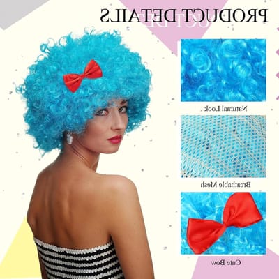 Set van 2 Lichte Blauwe Pruiken met Rode Strik voor Carnaval, 70s en 80s Feestkostuums, Clown en Disco Thema Accessoires voor Mannen en Vrouwen
