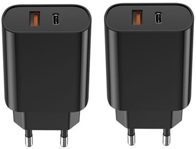 2 stuks OneOne 20W snellader met 2 poorten. Zwarte oplader met USB C en USB A. PD en Quick Charge lader adapter past op Apple iPhone 12 Pro Max, iPhone 13, iPhone 13 Mini, iPhone 13 Pro, iPhone 13 Pro Max, iPhone 14, Pro, 14 Pro Max