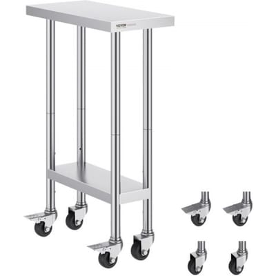 VEVOR RVS werktafel, verrijdbare voorbereidingstafel, 3 verstelbare hoogtes, robuuste werktafel voor voedselbereiding in professionele keukens en restaurants, 610 x 350 x 954,6 mm