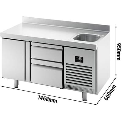 GGM Gastro Kühltisch Premium PLUS - 1468x600mm - mit 1 Becken, 1 Tür, 2 Schubladen - Aufkantung