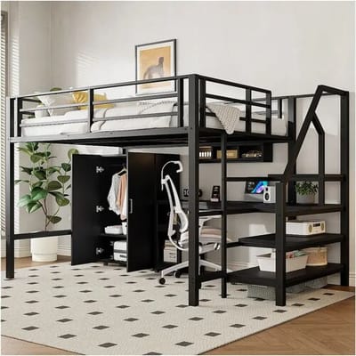 Merax Hoogslaper 140 x 200 cm met bureau, kledingkast en planken - Metaal + MDF - Zwart (zonder matras)