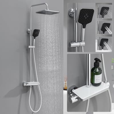 Sofetiy Max Regendouche met Thermostaatkraan - Douchesysteem - Hoofddouche en 3 Standen Handdouche - Met planchet - Verstelbare Hoogte 88-125 cm - Doucheset - Chroom