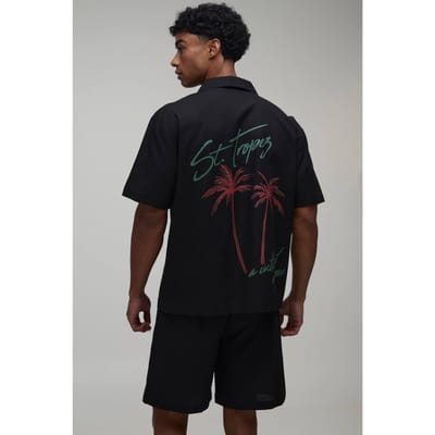 St Tropez Oversized Shirt & Short Set Met Rugprint | Black | Size Small
