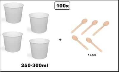 100x Soepbeker wit karton 250-300ml en 100x houten lepel 16cm - Soep salade beker festival warme dranken maaltijd carnaval