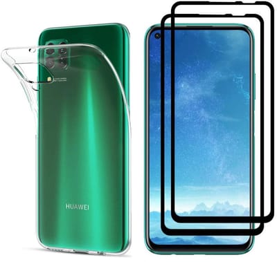 Hoesje Ultraslank geschikt voor Huawei p40 Lite backcover siliconen Transparant en 2 stuks ScreenProtector Gehard Glas met zwarte randen