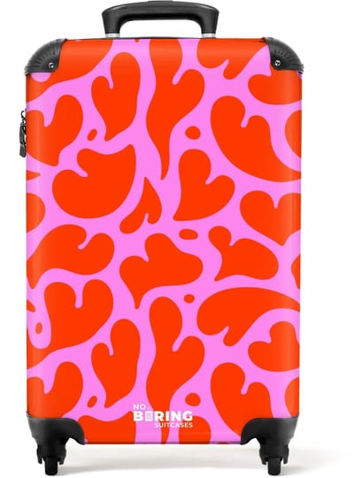 NoBoringSuitcases.com - Koffer dames - Organisch hartmotief in rood op roze achtergrond - Past binnen 55x40x20 cm en 55x35x25 cm - Trolley handbagage vrouwen - Valiezen met wieltjes volwassenen - Reiskoffer op wielen - Rolkoffer lichtgewicht