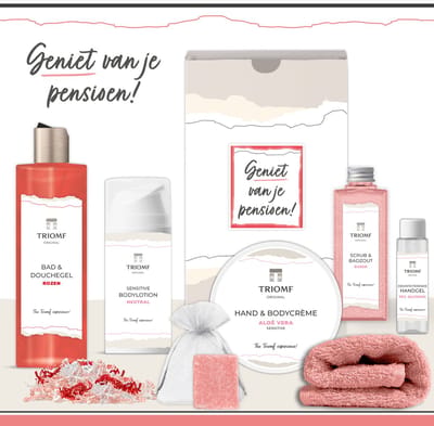 Geschenkset “Geniet van je pensioen!” - 7 producten - 850 gram | Triomf Original - Giftset voor haar - Gestopt met werken - Cadeau Speciaal voor jou - Luxe wellness cadeaubox Vrouw - Cadeaupakket Collega - Geschenk Pakket - Gift Set Roze Koraal Rood