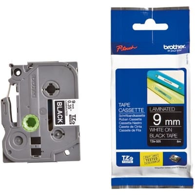 Etiketten Brother TZe, TZ TZe-325 PET Tapekleur: Zwart Tekstkleur:Wit 9 mm 8 m