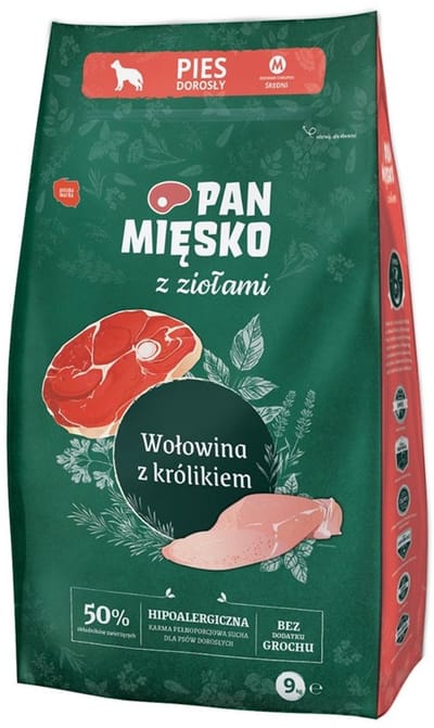 Pan Mięsko – Droog hondenvoer met kruiden – Rund & Konijn – Middelgrote rassen M – 9 kg – Natuurlijk & Graanvrij