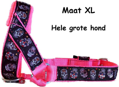 Hoofdhalster hond - Anti trek - Gevoerd - Maat XL - Neon roze - Skulls - Antitrek hoofdhalster hond - Hoofdhalster hond - Antitrek hond - Trainingshalsband