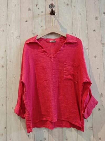 Linnen blouse met zak voor kant - oprollende mouwen en een kraagje ROSE kleur - Maat 42/44