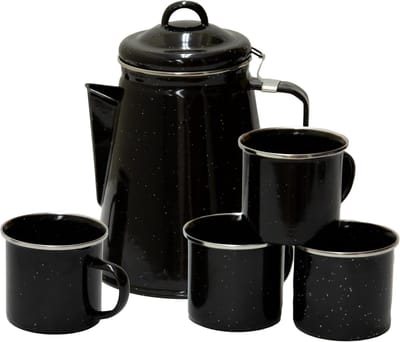 Koffie Percolator - Mokken Set - Buiten Koken - Geëmailleerde Afwerking - 8 Kops - Zwart