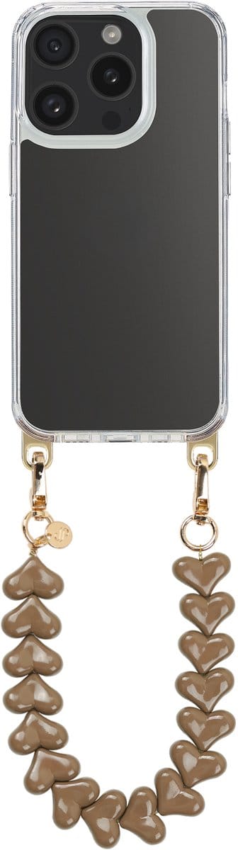 Selencia Transparant Hoesje met Haakjes inclusief Hartjes Polskoord - Geschikt voor Apple iPhone 15 Pro - Mocha Brown