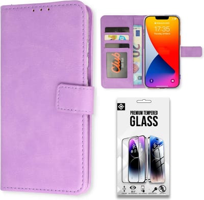 Casemania Hoesje Geschikt voor Apple iPhone 15 Paars & Glazen Screenprotector - Portemonnee Book Case - Kaarthouder & Magneetlipje