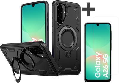 Hoesje Geschikt voor Samsung Galaxy A26 met gehard glas Screenprotector - Armor hoes met Ringhouder - Arara backcover - Zwart