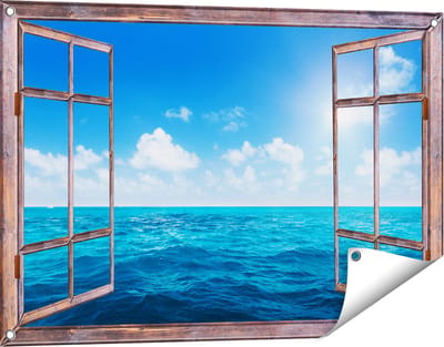 Gards Tuinposter Doorkijk Water Midden op Zee met Zonneschijn - 90x60 cm - Tuindoek - Tuindecoratie - Wanddecoratie buiten - Tuinschilderij