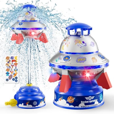 watersproeier voor kinderen, Waterraketspeelgoed voor buiten (zomerspel) met licht & draaifunctie, In hoogte verstelbare waterlanceerder, Inclusief ruimte, Cadeau voor in de tuin/op het gazon voor jongens en meisjes van 3-12 jaar (blauw)