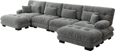 Modulaire hoekbank, U-vormige bankset voor de woonkamer, comfortabele 4-zits cloudbanken met verplaatsbare voetenbank, doe-het-zelfcombinatie, chenille, grijs