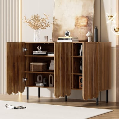 STILVORA Dressoir – Walnoot Met Golvende Deuren – Greeploos Met Terugslagmechanisme – Verstelbare Planken Voor Woonkamer – MDF – 120x35x80 cm