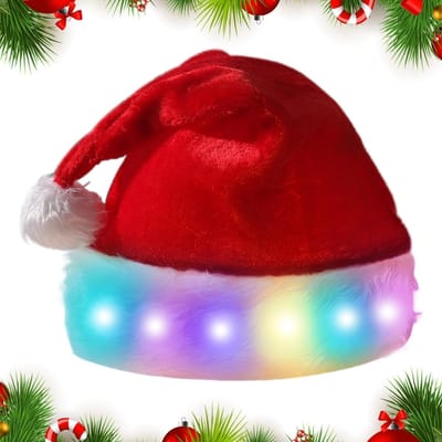 LED Santa Hat voor Volwassenen - Rood Pluche Kerstmuts met Verlichting voor Feestdagen en Nieuwjaar, Perfect voor Kerstfeesten en Cadeaus