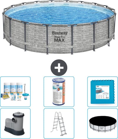 Bestway Rond Steel Pro MAX Zwembad - Steenprint - 549 x 122 - Inclusief Pomp - Ladder - Afdekzeil Onderhoudspakket - Filter - Vloertegels