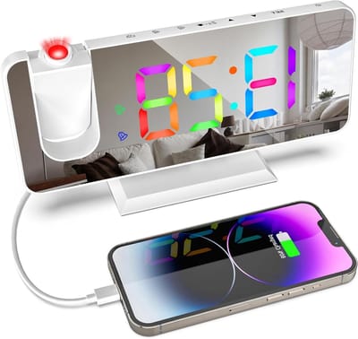 Allecto Plus - Digitale Projectiewekker met RGB Led Display en Dubbel Alarm - USB Oplader - Wit - Voor Slaapkamer en Kantoor Decoratie