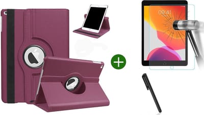 Hoes geschikt voor iPad 2021/2020/2019 (10.2 inch) draaibaar + screenprotector - tempered glass + stylus pen - Paars