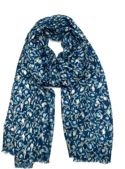 Lange dames sjaal Emilie-gebloemd motief-blauw wit grijs goud