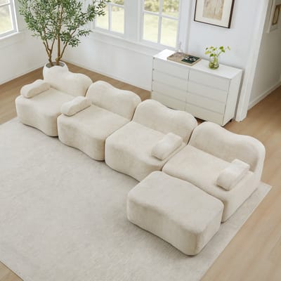 Modulaire Hoekbank 4-Zits - FrameLoze Bank Met Poef - Golvend Ontwerp - 32D Schuim - Fluweel Beige - Diepe Zit - Verplaatsbare Armleuningen