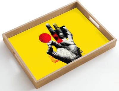 Dienblad hout 50x35 cm - Schootdienblad - Hand - Rode cirkel - Geel - Borrelplank rechthoek - Plateau dienbladen