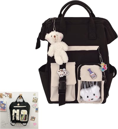 KZQ Waterdichte schattige rugzak met berenhanger en badges - Lichtgewicht grote capaciteit - Schooltas voor meisjes tieners en middelbare school - Zwart